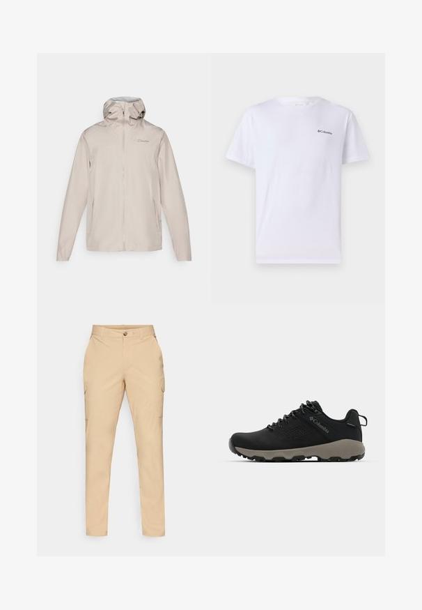 Šviesiai smėlio spalvos lietpaltis su kapišonu, pagamintas iš lengvos, vandeniui atsparios medžiagos. Turėti pilną užtrauktuką priekyje ir elastines rankogalius. Prekės ženklas ant krūtinės.; Balta medvilninė marškinėliai suapvalintu kaklu ir trumpomis rankovėmis, ant kairiojo krūtinės kampo esantis mažas juodas Columbia logotipas.; Šviesiai rudos spalvos cargo kelnės su užsegimu, lieknu siluetu, šoninėmis kišenėmis ir glotnia medvilnės mišinio medžiaga. Nėra matomų raštų ar akcentų.; Juodas žygio batukas su lygiu viršumi, perforuotu dizainu, pilku padu ir sustiprintu kulnu. Yra raišteliai ir kilputė, skirta patogiam užsivilkimui.