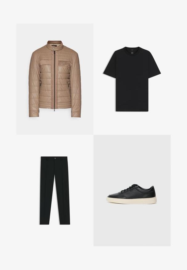 Guess BIKER - Lichte jas - walnut shell; Zwarte korte mouwen T-shirt van een gladde katoenmix, met een ronde halslijn en een minimalistisch ontwerp zonder patronen of accenten.; Zwarte dresspants met een recht pasvorm, gemaakt van een gladde stof. Heeft een sluiting met een knoop aan de voorkant en ceintuurlussen. Effen zonder patronen.; Zwarte leren sneaker met lage schacht, zwarte veters en off-white zool, weergegeven in zijprofiel op een witte achtergrond.