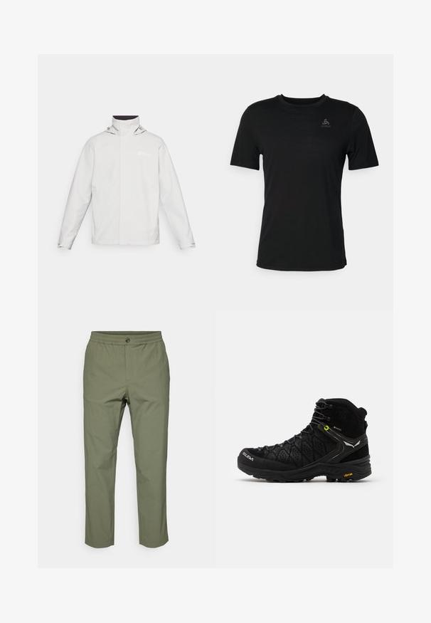 Lengvas baltas vandeniui atsparus švarkas su aukšta apykakle, reguliuojama kapuce, ilgomis rankovėmis ir logotipu kairėje krūtinės pusėje. Lygus paviršius.; Juodas marškinėliai, pagaminti iš lengvos medžiagos, su apvaliu kaklo iškirpimu, trumpomis rankovėmis ir maža prekės ženklo logotipu kairėje viršuje.; Olivinės žalios spalvos kelnės, pagamintos iš lengvos medžiagos, su elastinga juosmens juosta, sagos uždarymu ir tiesiomis kojomis, be matomų raštų.; Juodas žygio batas su tekstūruota viršutine dalimi, sustiprinta nosimi ir Vibram padu. Užsegimo sistema apima kabliukus, užtikrinančius tvirtą prigludimą.