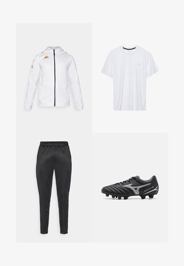 Hvid zip-up jakke med hætte. Har gyldne detaljer og logoer langs skuldrene. Glat stof med en tætsiddende pasform.; Hvid crewneck t-shirt lavet af bomuld, med korte ærmer og et lille logo broderet på venstre brystområde. Blød tekstur.; Sorte atletiske bukser lavet af glat, let materiale. Har en elastisk talje og slim fit med lynlåslommer.; Sort fodboldstøvle med en tekstureret syntetisk overdel, sølvdetaljer og snørebånd. Funktionen inkluderer en formet sål med synlige stød for bedre greb.