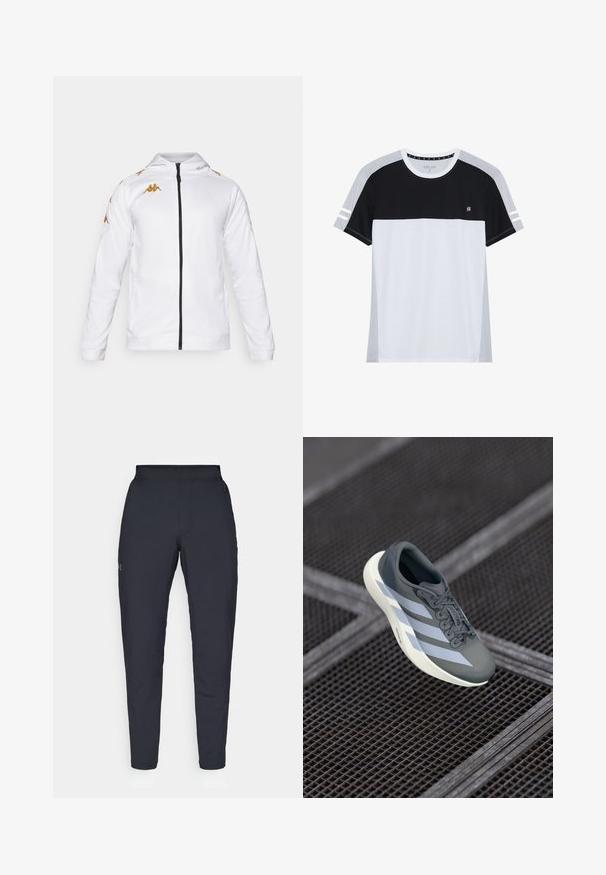 Hvid zip-up jakke med hætte. Har gyldne detaljer og logoer langs skuldrene. Glat stof med en tætsiddende pasform.; Kortærmet T-shirt med en sort øverste del, hvid midte og grå nederste del. Har stribede detaljer på ærmerne. Blødt stof.; Sorte atletiske bukser med en glat overflade, tætsiddende pasform, elastisk talje og sidelommer. Indeholder et lille logo på venstre lår.; Sportssko i grå og hvid, lavet af syntetisk materiale, med et strømlinet design, tekstureret overflade og fremtrædende snøresystem.