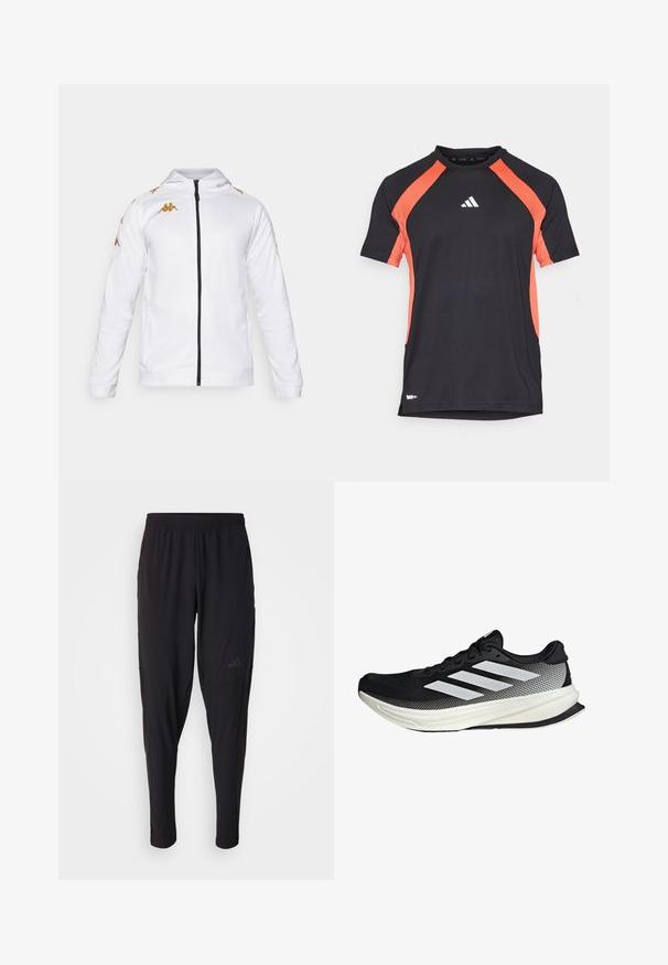 White zip-up jacket with a hood. Features golden accents and logos along the shoulders. Smooth fabric with a fitted design.; Black athletic t-shirt with short sleeves, orange side panels, and white Adidas logo on the front. Smooth fabric, crew neck design.; Black athletic pants with an elastic waistband, tapered design, side pockets, and subtle logo detail. Made from flexible, breathable fabric.; Black athletic shoe with a mesh design, featuring white stripes, a rounded toe, and a textured sole for grip and support.