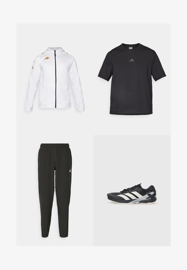 Giacca bianca con zip e cappuccio. Presenta dettagli e loghi dorati sulle spalle. Tessuto liscio con un design aderente.; Maglietta sportiva nera realizzata in materiale traspirante, con maniche corte, colletto rotondo e logo riflettente sul petto.; Pantaloni sportivi neri con elastico in vita, taglio aderente e logo bianco sulla gamba sinistra. Tessuto liscio e leggero.; Scarpa sportiva nera con strisce bianche, tomaia in rete, punta arrotondata e suola ammortizzata. Presenta un tallone testurizzato e un sistema di allacciatura sicuro.