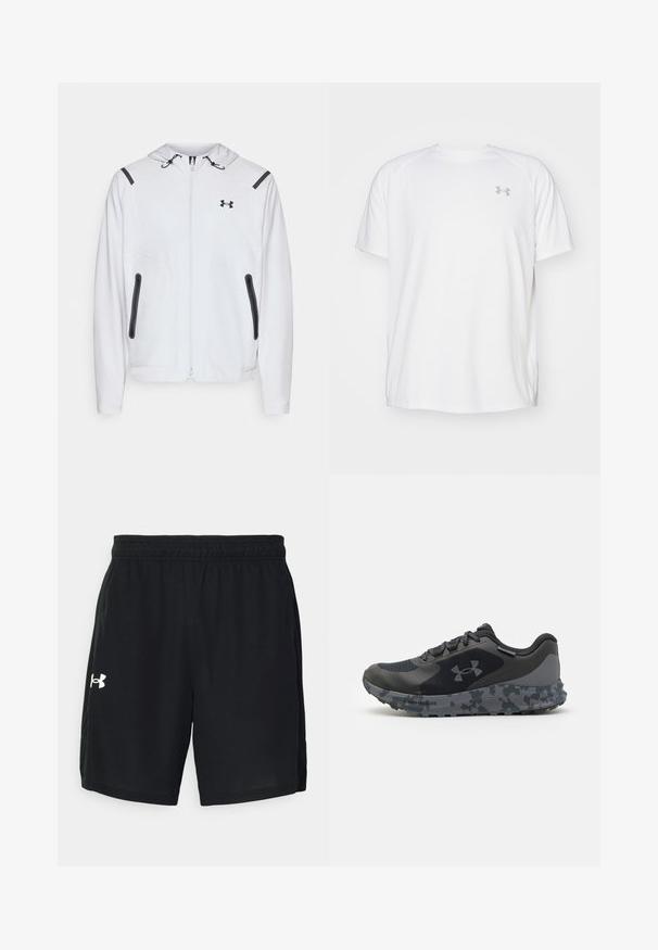 Witte zip-up hoodie met een capuchon, zwarte accenten en twee zijzakken. Gemaakt van een gladde, lichte stof met een getailleerd ontwerp.; Witte sportieve T-shirt met korte mouwen, gemaakt van gladde stof. Heeft een ronde hals en een grijs logo op de linkerkant van de borst, met zijsplitten aan de zoom.; Zwarte sport shorts van lichtgewicht stof, met een elastische tailleband en een wit logo aan de linkerkant.; Zwarte sportieve schoen met een gestructureerde bovenkant, grijs camouflagemotief op de zool en platte veters. Heeft het Under Armour-logo aan de zijkant.