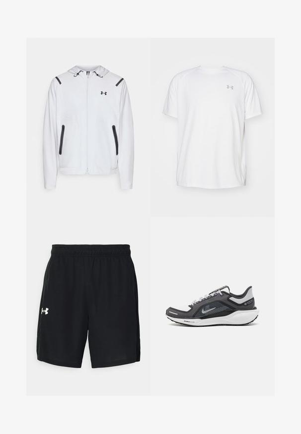 Hvid hoodie med lynlås og hætte, sorte detaljer og to sidelommer. Fremstillet af et glat, let stof med en tætsiddende pasform.; Hvid kortærmet sportsbluse lavet af glat stof. Har en rund halsudskæring og et gråt logo på venstre bryst, samt slidser i siderne ved kanten.; Sorte atletiske shorts lavet af letvægtsstof, med en elastisk talje og et hvidt logo på venstre side.; Sort og grå atletisk sko med en mesh-overdel, reflekterende detaljer og en hvid mellemsål. Har en tekstureret gummisål og snørebånd.