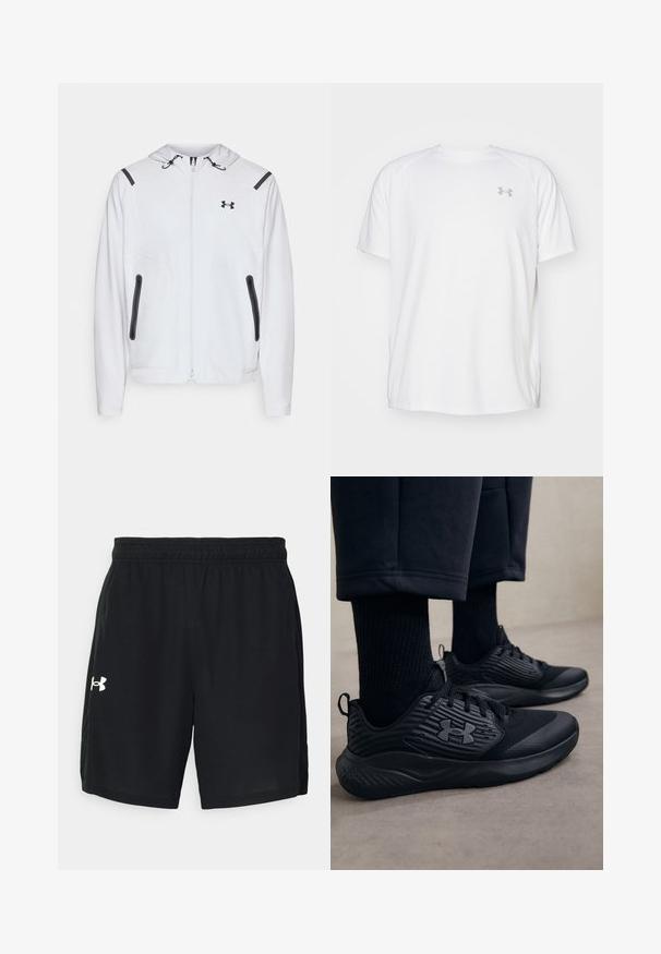 Balta užtrauktuku užsegama pranga su gaubtu, juodomis detalėmis ir dviem šoninėmis kišenėmis. Pagaminta iš lygios, lengvos medžiagos su prigludusia išvaizda.; Balta trumpa rankovėmis sportinė marškinėliai, pagaminti iš lygaus audinio. Yra apvalus kaklas ir pilkas logotipas kairėje krūtinės pusėje, o apatinėje dalyje yra šoninės plyšiai.; Juodi sportiniai šortai, pagaminti iš lengvos medžiagos, su elastinga juostele ir balta logotipu kairėje pusėje.; Asmuo vilki juodus sportinius batus su tekstūruotomis šoninėmis dalimis ir logotipu, su juodomis kojinėmis ir trumpais kelnais, stovintis ant šviesaus grindų paviršiaus.