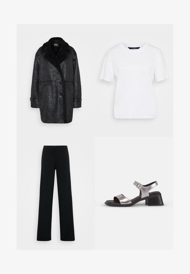 Casaco de pêlo sintético preto com colarinho largo, fecho duplo na frente e bolsos laterais; tecido texturizado e acabamentos em preto contrastantes.; T-shirt branco de manga curta feito de algodão. Apresenta um decote redondo e um corte descontraído, com um design simples e sem padrões ou acentos visíveis.; Vero Moda Tall VMBERLIN ZAMIRA WIDE - Calças - black; Sandálias de couro prateado com ponta aberta, apresentando uma faixa frontal larga, faixa no tornozelo com fivela e um salto bloco médio.