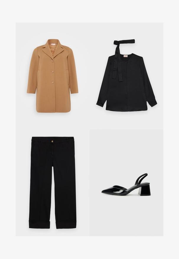 Kameljakke i en ullblanding med klaffekrage, tre knapper og sidelommer. Stoffet har en jevn tekstur.; Svart bluse med lange ermer i glatt stoff, med knepping foran og en knyttedetalj ved halsen. Klassisk krage og mansjetter.; Svart bomullsbroek med rett benklipp, med frontlommer, gullknapp-lukking, og oppbrettede ermer. Glatt tekstur.; Svarte patentlær slingback hæler med spiss tå og geometrisk blokk hæl. Har et stilrent, minimalistisk design og jevn tekstur.