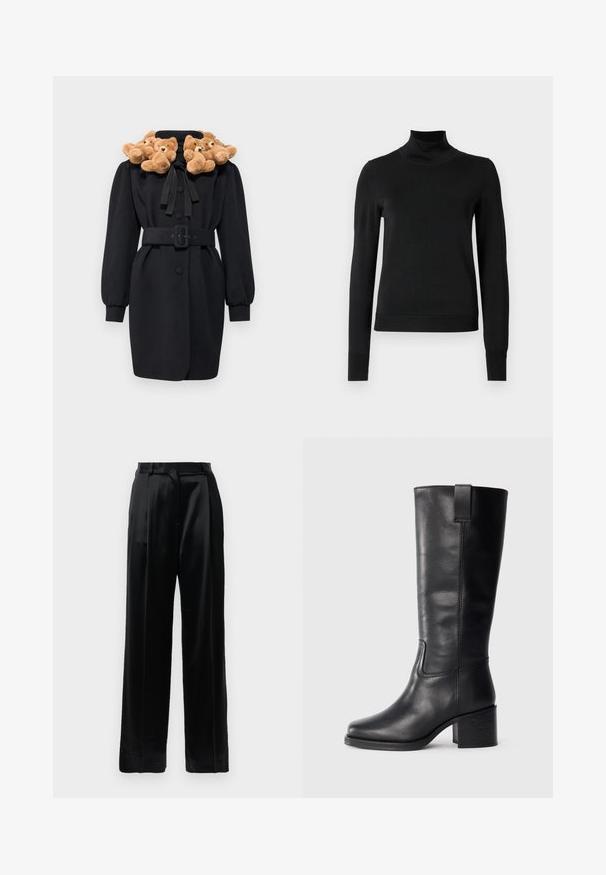 Čierny kabát s aplikovaným golierom vo forme medvedíka, opaskom v páse a dlhými nadýchanými rukávmi. Tkanina vyzerá hladko s štruktúrovaným dizajnom.; Čierny dlhý rukáv rolák s rebrovanými manžetami a lemom, zobrazený na čistej bielej pozadí.; Čierne saténové nohavice s vysokým pásom a širokými nohavicami, s pútkami na opasok a s plochým uzatváraním na bielom pozadí.; Čierne kožené čižmy po kolená so hladkou textúrou, štvorcovou špičkou, blokovým podpätkom a bočným úchytom, s minimálnymi švami.