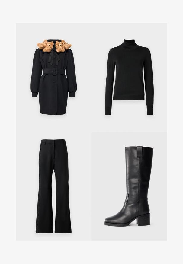 Crni kaput s aplikeom medvjedića na ovratniku, pojasom u struku i dugim napućenim rukavima. Tkanina izgleda glatko s strukturiranim dizajnom.; Crna dugosruga majica s rolijom i rebrastim manžetama i donjim rubom, prikazana na jednostavnoj bijeloj pozadini.; Crne flare hlače od laganog materijala s čipkastim rubom duž bočnih strana. Struktura u struku i elegantna, glatka tekstura.; Crne kožne čizme do koljena s glatkom teksturom, kvadratnim vrhom, blok petom i bočnim ručkom, s minimalnim detaljima šivanja.
