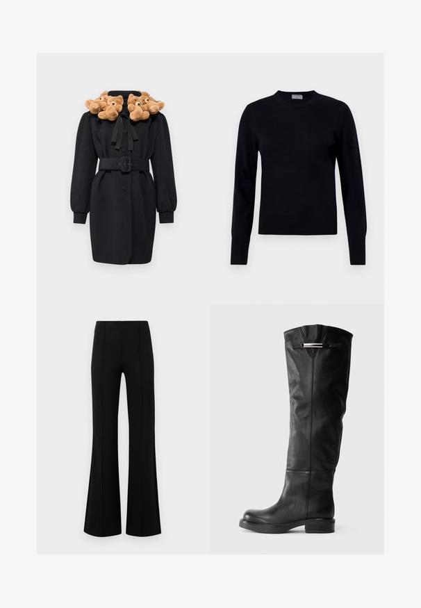 Cappotto nero con colletto in appliqué a forma di orsetto, vita con cintura e maniche lunghe a sbuffo. Il tessuto appare liscio con un design strutturato.; Maglione nero a maglia con collo rotondo e maniche lunghe. Presenta una texture liscia e polsini a coste, offrendo una vestibilità e un design classici.; Pantaloni neri a zampa d'elefante con vita alta, realizzati in tessuto elastico. Presentano dettagli di cucitura verticale nella parte anteriore e una texture liscia.; Stivali neri in pelle alto fino al ginocchio con una texture liscia, punta arrotondata e tacco basso a blocco. Presentano un accento argento sulla parte superiore.