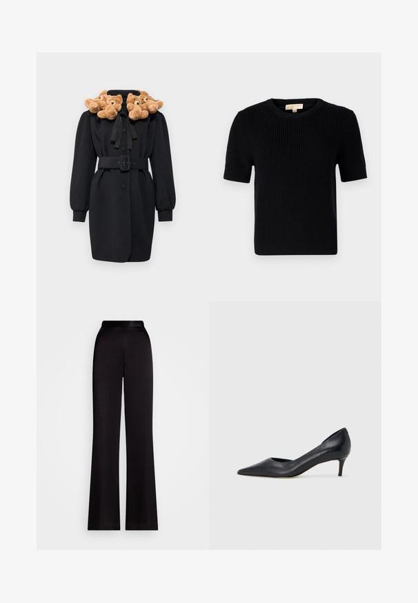 Juodas paltas su meškiuko aplikacija ant apykaklės, diržu per juosmenį ir ilgomis pūstomis rankovėmis. Audinys atrodo lygus, su struktūrizuotu dizainu.; Juodas megztinis trumpomis rankovėmis su apvaliomis iškirptėmis. Siūlo gumbuotą tekstūrą ir tiesų apatinį kraštą. Etiketė vidinėje apykaklėje.; Juodos platėjančios kelnės, pagamintos iš lygios medžiagos, su aukšta liemens juosta ir pilno ilgio dizainu. Be matomų raštų ar akcentų.; Juodi odiniai aukštakulniai su smailiu priekeliu ir žemu kulnu. Turi lygią tekstūrą ir subtilų blizgesį. Priekyje yra atvira anga, suteikianti papildomo detalių.