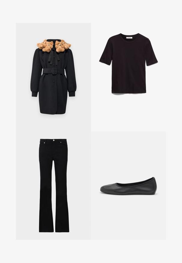 Černý kabát s aplikací ve tvaru medvídka na límci, s opaskem v pase a dlouhými nabíranými rukávy. Tkanina se zdá být hladká s pevným designem.; Černé tričko s krátkým rukávem vyrobené z měkké bavlny, s kulatým výstřihem a hladkým, rovnoměrným povrchem s minimalistickým designem.; Černé zvonové džíny vyrobené z denimu, s dvěma předními kapsami, zapínáním na knoflík a hladkou strukturou. Na švech je viditelné charakteristické prošívání.; Černé kožené baletní byty s kulatou špičkou, hladkou texturou, minimálními švy a flexibilním designem podrážky.