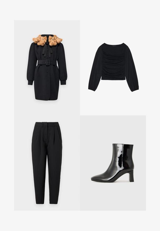 Črn plašč z aplikacijo v obliki medvedka na ovratniku, s pasom in dolgimi napihnjenimi rokavi. Tkanina deluje gladko z strukturirano zasnovo.; Črn top z dolgimi rokavi, ki se ponaša z nabranimi detajli na sprednji strani in zapestjih. Narejen je iz mehkega, raztegljivega materiala z obliko čolnastega izreza.; Črne hlače ravnega kroja, z gubami spredaj, gladko teksturo in stranskimi žepi. Pas je standardne višine.; Črne lakirane gležnjarje z ošiljenim nosom in srednje visokim blokastim peto. Gladka tekstura in minimalističen dizajn.