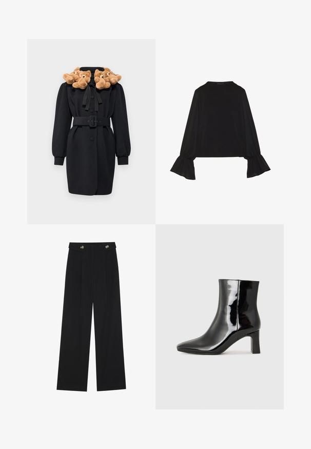 Black coat featuring a teddy bear applique collar, belted waist, and long puffed sleeves. The fabric appears smooth with a structured design.; Black long-sleeve top featuring flared cuffs, soft texture, and a relaxed fit, with a simple round neckline.; Black wide-leg trousers with high waist, button details on waistband, and front pleats.; Black patent leather ankle boot with a pointed toe and a mid-height block heel. Smooth texture and minimalist design.