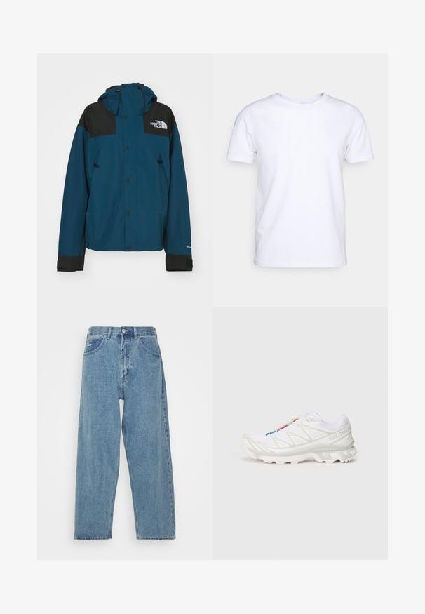 Teal ja must veekindel jope kapuutsiga, mis sisaldab nööpe, reguleeritavaid nöörid ja logo vasakul ülal.; Valkoinen lyhythihainen t-paita puuvillakankaasta, jossa on pyöreä pääntie. Yksinkertainen muotoilu ilman kuvioita tai korostuksia. Tasainen rakenne.; Vaaleansininen farkkutakki, jossa on korkea vyötärö ja renforceettu istuvuus, kahdella etutaskulla, takataskulla ja nappisululla.; Valkoiset urheilukengät, joissa on teksturoitu verkkomateriaali, heijastavat yksityiskohdat ja pehmustettu pohja. Huomattava brändilogo sivussa.