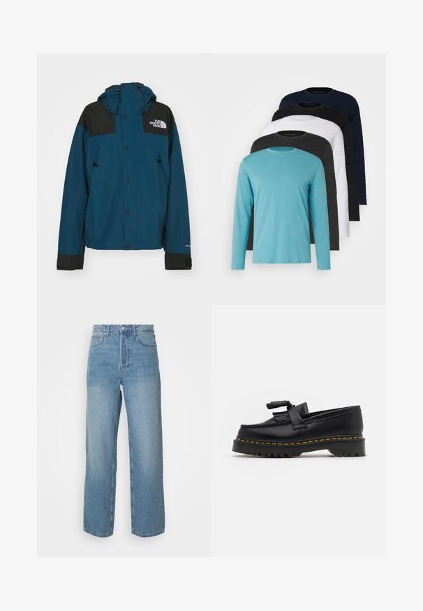 Teal och svart vattentät jacka med huva, utrustad med tryckknappar, justerbara dragsko och logotyp på övre vänstra sidan.; Fem långärmade T-shirts i rad: turkos, svart, vit, mörkgrå och marinblå. Mjuk tyg med rund halsdesign och standardpassform.; Höga ljusblå denimjeans med raka ben, knappstängning fram och femficksdesign på enfärgad bakgrund.; Svart läderloafer med en tofsdetalj, med en kraftig svart sula och gul söm längs kanten. Strukturerad yta.