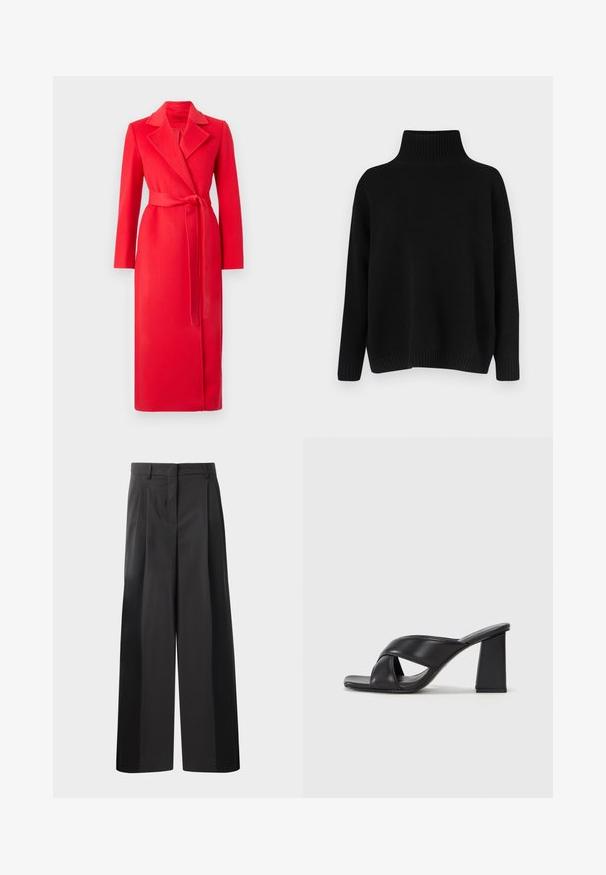 MAX&Co. LONGRUN - Klassisk kappa / rock - red; Svart stickad tröja med hög ribbad krage, nedsänkta axlar och en avslappnad passform. Har ribbade muddar och fåll för textur.; Svarta byxor med vida ben och hög midja, med framveck, en slät textur och en skräddarsydd finish. Designade för en avslappnad passform.; MAX&Co. SOHO - Sandaletter - schwarz