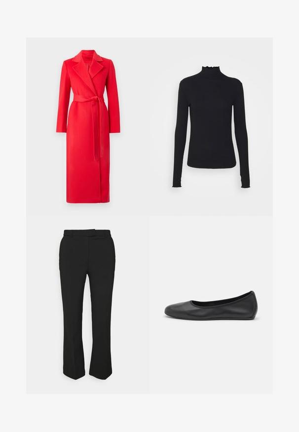 MAX&Co. LONGRUN - Mantel - red; Zwarte langärmelige turtleneck top van soepel stof, met een gerimpelde hals en een aansluitende silhouet met eenvoudige randen.; Zwarte op maat gemaakte broeken met een recht gesneden ontwerp, voorzien van riemlussen en zijzakken. Gemaakt van een gladde stof met een nette afwerking.; Zwarte leren ballerina met een ronde neus, gladde textuur, minimale stikdetails en een flexibele zoolontwerp.