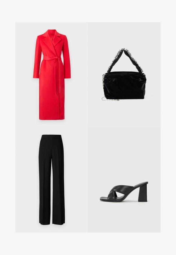 MAX&Co. LONGRUN - Cappotto classico - red; Top corto a maniche corte di colore bianco, in maglia, con scollatura rotonda. Presenta una texture liscia e accenti a coste sottili sulle maniche e sull'orlo.; Pantaloni neri a gamba larga con una texture liscia, dotati di una vita alta e pieghe centrali. Nessun motivo visibile o dettagli in metallo.; MAX&Co. SOHO - Sandali con tacco - schwarz; Borsa a tracolla nera in ecopelle con finitura testurizzata, caratterizzata da un accento in argento con perline lungo il manico superiore e una tracolla a catena.