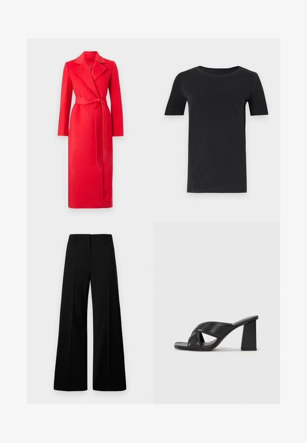 MAX&Co. LONGRUN - Klasikinis paltas - red; Juodas trumpas rankovėmis marškinėlis, pagamintas iš minkštos medvilnės, su apvaliu iškirpimu ir klasikiniu siluetu. Lygus paviršius, be raštų ar puošmenų.; Juodos plačios kelnės su lygaus paviršiaus tekstūra, struktūritu liemeniu ir priekiniu raukšlėjimu. Minimalistinis dizainas be matomų detalių.; MAX&Co. SOHO - Aukštakulniai sandalai - schwarz