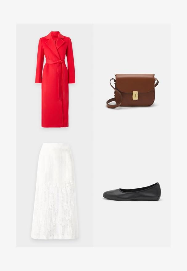 MAX&Co. LONGRUN - Κλασικό παλτό - red; Άσπρο κοντομάνικο μπλουζάκι φτιαγμένο από ριγέ ύφασμα. Στρογγυλή λαιμόκοψη, κανονική εφαρμογή και διακριτές λεπτομέρειες ραφής. Χωρίς σχέδια ή γραφικά.; Πλεκτή λευκή μίντι φούστα με υφή που διαθέτει κάθετες γραμμές και κοψίματα κοντά στο στρίφωμα. Ελαστική μέση. Μαλακό υλικό.; Μαύρο δερμάτινο μπαλαρίνι με στρογγυλή μύτη, λεία υφή, ελάχιστες λεπτομέρειες ραφής και σχεδίαση ευέλικτης σόλας.; Καφέ δερμάτινη τσάντα χειρός με κλείσιμο καπάκι, χρυσές λεπτομέρειες, ιμάντα ώμου και λεία υφή. Συμπαγές ορθογώνιο σχήμα.