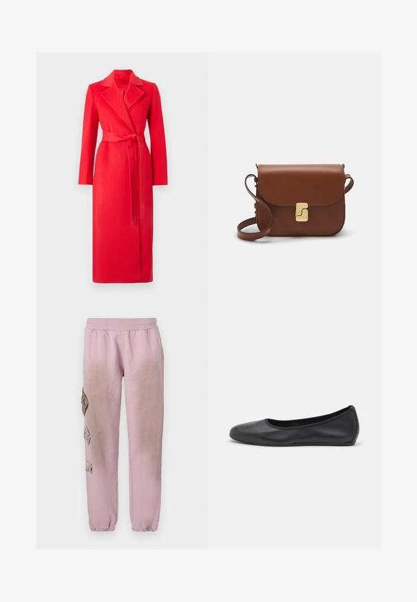 MAX&Co. LONGRUN - Manteau classique - red; T-shirt blanc à manches longues en coton côtelé, avec un col rond et un ourlet droit. Design simple sans motifs ni accents.; Pantalon de survêtement rose avec une taille élastique, présentant des patches décoratifs en forme de diamant sur le côté gauche et des poignets élastiques aux chevilles.; Ballerines en cuir noir avec un bout rond, texture lisse, détails de couture minimalistes et design de semelle flexible.; Sac à main en cuir marron avec une fermeture à rabat, des accents en métal doré, une bandoulière et une texture lisse. Forme rectangulaire compacte.