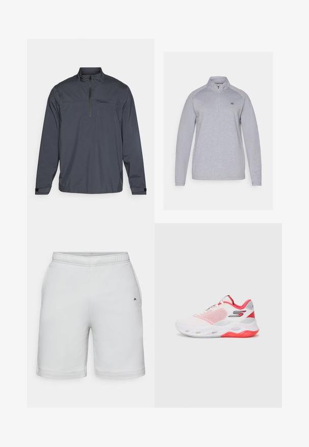 Cazadora de pulóver de color gris oscuro con media cremallera, que incluye un bolsillo frontal y puños de velcro, hecha de un tejido suave y ligero.; Sudadera de color gris claro con cuello de media cremallera, mangas largas y un logo sutil. Fabricada con una tela suave y texturizada.; Pantalones cortos deportivos blancos hechos de una tela suave, con una cintura elástica y un pequeño logo negro en la parte inferior izquierda.; Zapatilla deportiva blanca con acentos rojos, parte superior de malla y suela acolchada con orificios de ventilación y un logo en el lateral.