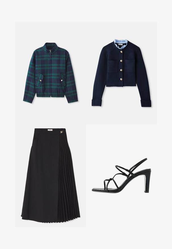 Jaka ar rūtuļiem tumši zilā un zaļā krāsā, ar stāvošu apkakli, priekšējo rāvējslēdzēju un divām sānu kabatām ar zelta pogām. Elastīga josta.; Jūras spēku stilā īss kardigāns ar divām priekšējām kabatām, zelta pogām un gaiši zilu kraukšķīgu apkakli. Izgatavots no ribotas tekstūras materiāla.; Pelēks adīts īsām piedurknēm kardigans ar stīgas rakstu, ar džinsa apkakli un pieciem zelta pogām priekšpusē.; Melna midi svārku izstrādājumu ar krokotu dizainu vienā pusē, izgatavotu no viegla auduma, ar slēptu rāvējslēdzēju un sānu kabatām.; Melnas papēžu siksniņas ar plānām siksnām, teksturētu apdari, atvērtu purngalu un elegantu, smailu papēdi. Iezīmē gludu iekšējo daļu un spīguļojošu virsmu.