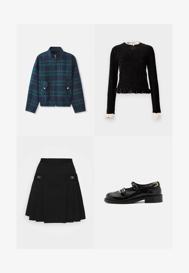 Navi sinise ja rohelise ruudulise mustriga jope, millel on kaelus, ees tõmblukk ja kaks külgtaskut, millel on kuldsed nupud. Elastne vöökoht.; Must mustriga mustega, tekstuuriga kanga, volangäärtega ja valgete volangakinnitustega kaeluses ja varrukates. Omab keskel aasakinnitust.; Must mustriga seelik kuldsete detailidega. Omab küljetaskuid logodetailidega, valmistatud siledast materjalist. A-laineline siluett.; Mustal nahast kingad brogue-tekstiiliga, millel on kaks pandla rihma, ümar varvas ja madal konts. Sujuv tekstuur ja läikiv viimistlus.