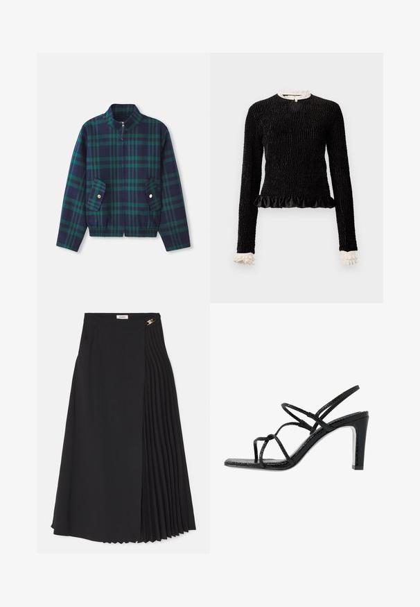 Ruitjesjacket in marineblauw en groen, met een staande kraag, frontrits en twee zijzakken met gouden knopen. Elastische tailleband.; Zwarte lange mouwen top van textuurstof, met een gerimpelde zoom en witte rimpelaccenten bij de kraag en mouwen. Bevat een centrale lus sluiting.; Zwarte midi-rok met een geplooid ontwerp aan één kant, gemaakt van lichtgewicht stof met een verborgen ritssluiting en zijzakken.; Zwarte hoge sandalen met dunne banden, een gestructureerde afwerking, open teen en een slank, puntig hakontwerp. Beschikt over een gladde inlegzool en een glanzend oppervlak.