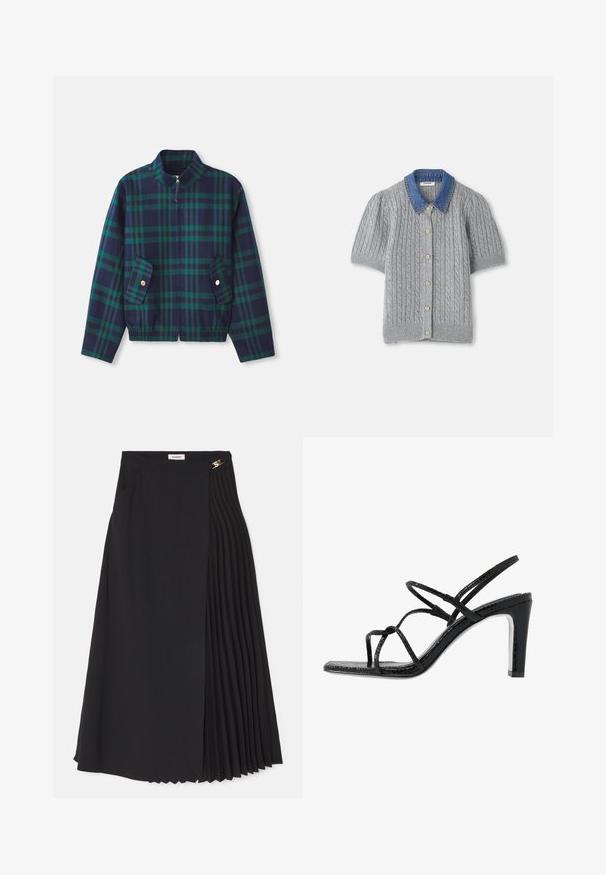 Kék és zöld színű kockás dzseki álló gallérral, elülső cipzárral és két oldalsó zsebbel, arany gombokkal. Rugalmas derékpánt.; Szürke kötött rövid ujjú kardigán, kábelmintával, denevérszárnyú gallérral és öt arany gombbal az elején.; Fekete midi szoknya, amelynek egyik oldala pliszézett, könnyű anyagból készült, rejtett cipzárral és oldalsó zsebekkel.; Fekete magassarkú szandál vékony pántokkal, texturált felsőrésszel, nyitott orral és karcsú, hegyes sarkú kialakítással. Simább talpbélével és fényes felületével rendelkezik.