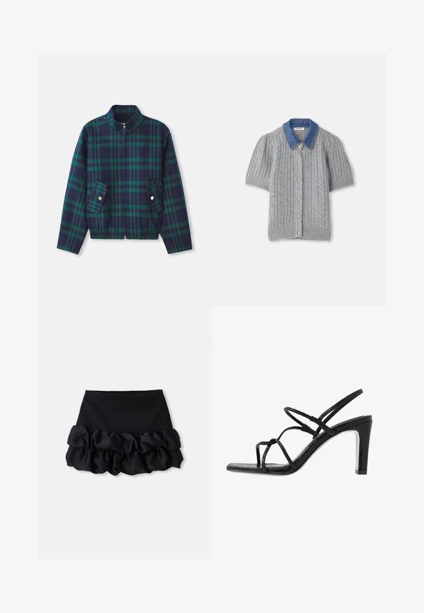 Niebiesko-zielona kurtka w kratę, z kołnierzem stójkowym, zamek błyskawiczny z przodu i dwie boczne kieszenie z złotymi guzikami. Elastyczny pas.; Szary, dzianinowy kardigan na krótki rękaw z wzorem w warkocze, z denimu kołnierzem i pięcioma złotymi guzikami z przodu.; Czarna mini spódnica z dopasowanym topem i trzema warstwami falban u dołu, o gładkiej teksturze i prostych liniach.; Czarne sandały na obcasie z cienkimi paskami, teksturowanym wykończeniem, otwartym palcem oraz eleganckim, spiczastym kształtem obcasa. Posiadają gładką wkładkę oraz błyszczącą powierzchnię.