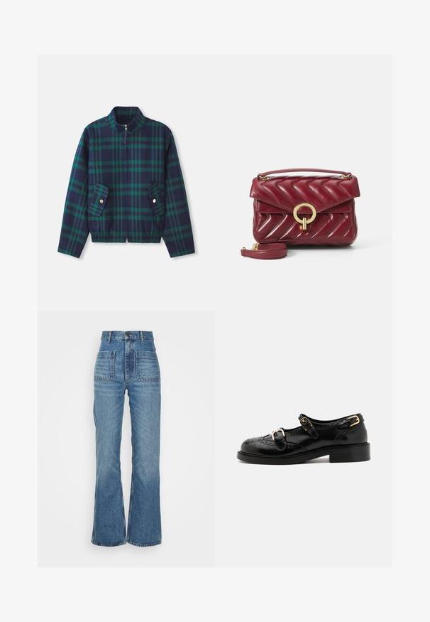 Kockovaná bunda v námorníckej modrej a zelenej farbe, so stojatým golierom, predným zipsom a dvoma bočnými vreckami so zlatými gombíkmi. Elastický pás.; Krátka košeľa s gombíkmi v svetlozelenej a bielej kárované vzore. Má biely golier a dlhé rukávy s gombíkovými manžetami. Mäkkučký materiál.; Džíny vysokého pásu z modrej džínoviny s rozšírenou nohavicou, dvoma prednými vreckami a dvoma zadnými vreckami; textúrovaná tkanina s vyblednutým vzorom.; Čierne kožené topánky s brogue detailami, vybavené dvoma prackami, zaoblenou špičkou a nízkym podpätkom. Hladká textúra s lesklým povrchom.; Bordová kožená kabelka s chevronovým prešívaním, zlatým okrúhlym kovovým prvkom, horným držadlom a nastaviteľným ramenným popruhom. Kompaktný a štruktúrovaný dizajn.