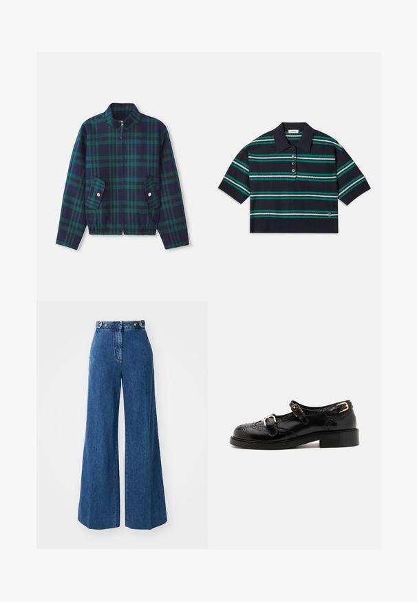 Ruitjesjacket in marineblauw en groen, met een staande kraag, frontrits en twee zijzakken met gouden knopen. Elastische tailleband.; Marine gestreepte polo met korte mouwen, met teal, wit en grijze strepen. Drie knoopsluitingen en logo-opdruk aan de onderrand.; Wijde jeans in donkerblauwe denim met een hoge taille, voorzien van gouden knoopaccenten en gestikte details langs de zakken en naden.; Zwarte leren schoenen met brogue-details, voorzien van twee gespsluitingen, een ronde neus en een lage hak. Glad oppervlak met een glanzende afwerking.