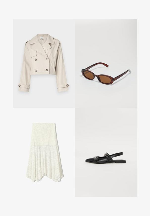 Skraťený béžový trenčkot s dvojradovým gombíkovým zapínaním, veľkými klopami a prehnutými manžetami. Hladká tkanina s presne priliehavým strihom.; Biela krátkopsová tričko vyrobené z bavlny. Má okrúhly výstrih a voľný strih. Hladká textúra bez viditeľných vzorov alebo akcentov.; Biela čipkovaná sukňa s textúrovaným vzorom, s asymetrickým lemom a splývavým strihom, vyrobená z ľahkej textílie.; Even&Odd Balerínky - black; Okrúhle slnečné okuliare s hnedým nádychom a lesklým burgundským rámom. Úzke ramená s jemným brandovaním. Plochej šošovky dizajn.