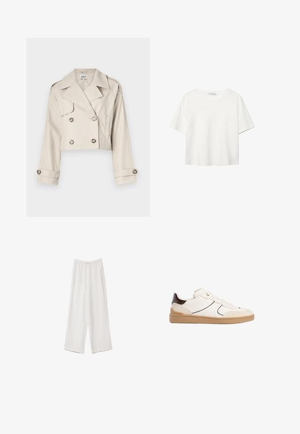Skåret beige trenchcoat med dobbeltknaplukning, store klapper og rullede manchetter. Glat stof med en skræddersyet pasform.; Hvid kortærmet t-shirt lavet af bomuld. Har en rund halsudskæring og en afslappet pasform. Glat tekstur uden synlige mønstre eller detaljer.; Hvide bukser med bred benlængde lavet af et letvægtsstof. Har et elastisk talje med snor og sidelommer. Glat tekstur.; Stradivarius Sneakers - white