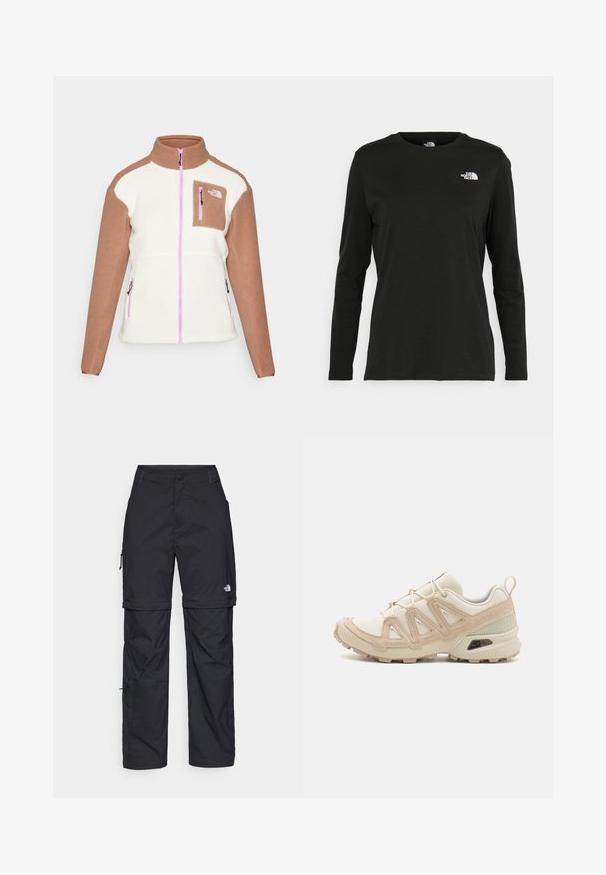 Fleecejacka med vit kropp och bruna ärmar, hög krage, framzipper och en liten bröstficka med en rosa dragkedja. Har logotyp.; Svart långärmad t-shirt i bomull med rund hals. Har en liten vit logotyp på vänster bröstområde. Enkelt design och passform.; Svarta nylonbyxor med avtagbara ben, justerbara muddar, flera fickor och en logotyp på högra benet. Slät, lätt textur.; Beige och krämfärgad atletisk sko med texturerad meshovandel, stöttande överdrag och gummisulor med ett mönster för grepp.