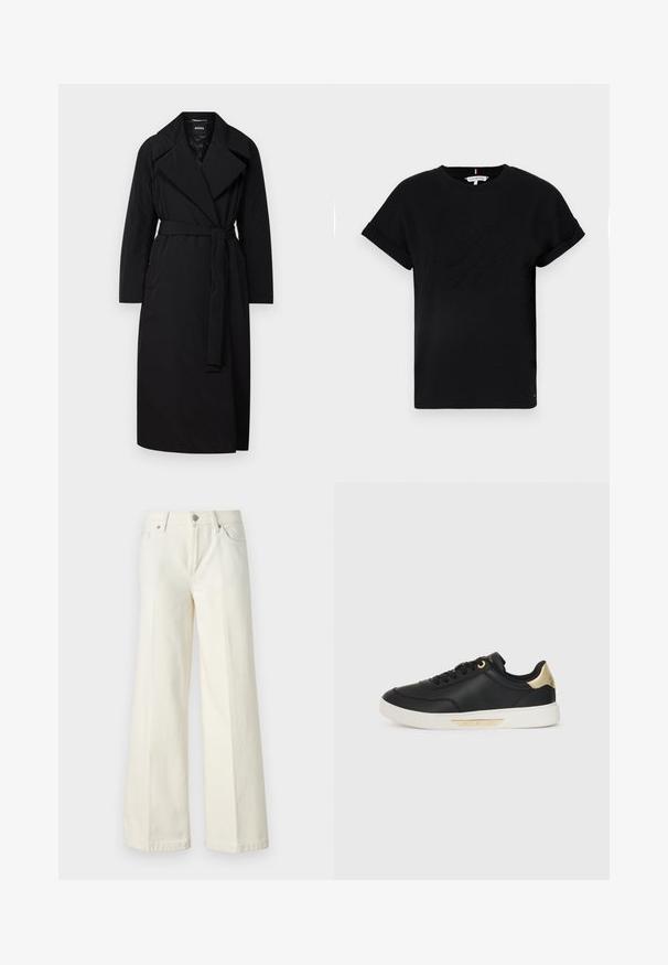 BOSS PAMIANO - Κλασικό παλτό - black; Μαύρο βαμβακερό μπλουζάκι με κοντά ρολάριστα μανίκια, με ανάγλυφο λογότυπο στο κέντρο και μικρή σημαία στο πλάι.; Φαρδιά λευκά τζιν από μείγμα βαμβακιού. Διαθέτουν φερμουάρ, πέντε τσέπες και ραφή κατά μήκος των ραφών.; Μαύρο δερμάτινο αθλητικό παπούτσι με λείο υφή, λευκή από καουτσούκ σόλα, χρυσές λεπτομέρειες στη φτέρνα και τα μάτια, με λογότυπο στο πλάι.