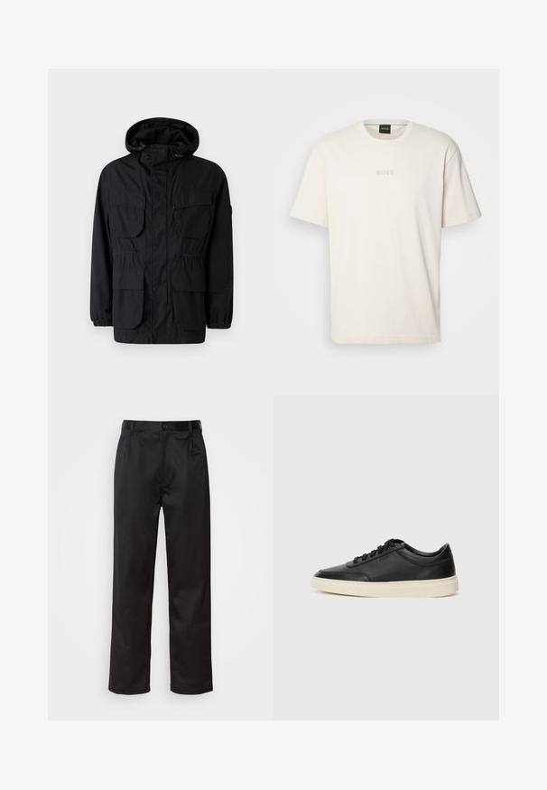 Jachetă neagră cu glugă, realizată dintr-un material ușor, având patru buzunare frontale, manșete elastice și talie strânsă pentru un fit ajustabil.; BOSS TEE - Tricou basic - open white; Pantaloni negri dintr-un material neted, cu închidere prin nasture frontal, pliseuri și picioare drepte. Fără modele sau accente vizibile.; Sneaker din piele neagră, cu vârf jos, cu șireturi negre și talpă de un alb murdar, prezentat în profil lateral, pe un fundal alb.