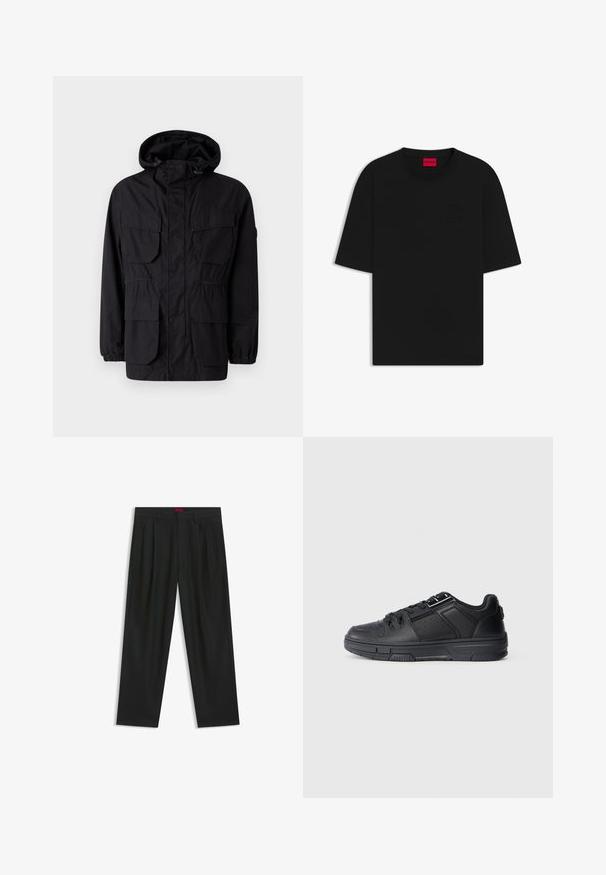 Zwarte hoodie-jack gemaakt van lichtgewicht stof, met vier voorzakken, elastische manchetten en een getailleerde taille voor een verstelbare pasvorm.; Zwarte korte mouwen t-shirt gemaakt van katoen, met een ronde hals en een reliëflogo op de voorkant, met een relaxte, losse pasvorm.; Zwarte broek met een geplooid ontwerp, wijde pijpen en een zachte textuur. Voorzien van een rode taillebandlabel.; Zwarte sport schoen met een gladleren bovenwerk, textuuraccenten, geperforeerde details en een rubberen zool met een vlak profiel.