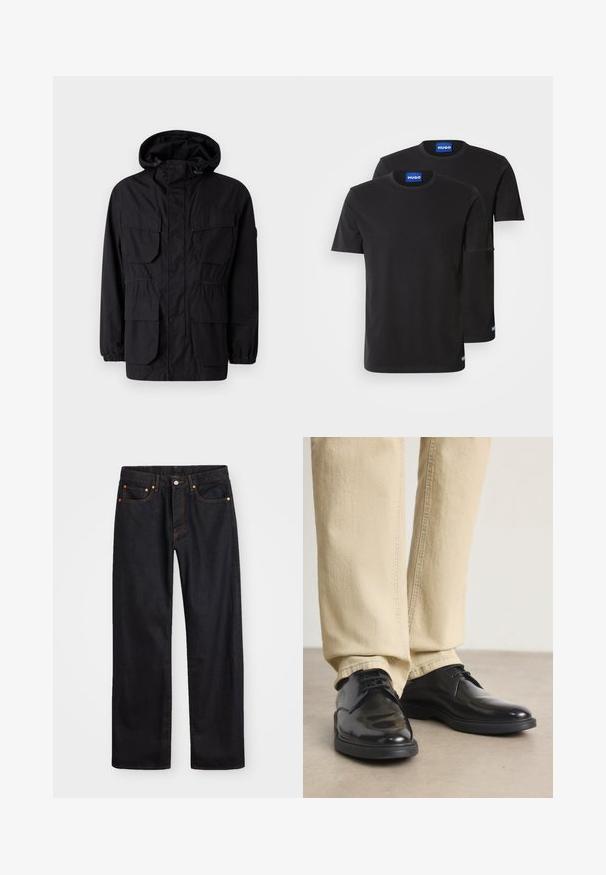 Casaco preto com capuz feito de um tecido leve, apresentando quatro bolsos frontais, punhos elásticos e uma cintura ajustável para um ajuste personalizado.; Duas t-shirts de algodão pretas com golas redondas, mangas curtas e etiquetas azuis "HUGO" nas golas e nas laterais.; Calças de ganga pretas para homem, de pernas retas, com cinco bolsos e costura laranja, fecho de botão e zíper na cintura da frente.; Sapatos de couro pretos com um acabamento polido, design com atacadores e sola de borracha. Usados com calças de perna reta de cor clara.