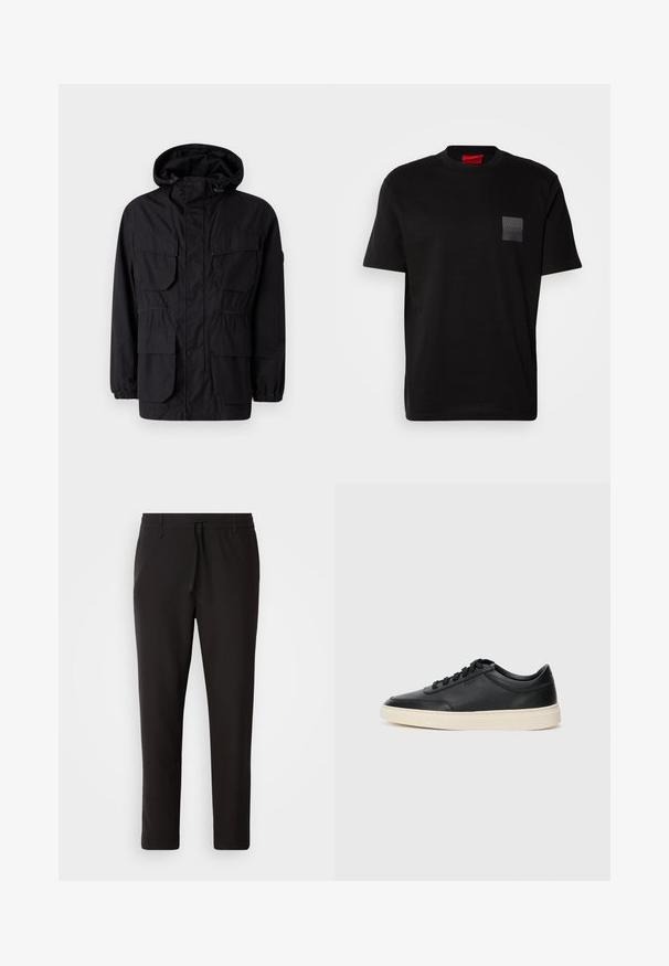 Giacca nera con cappuccio realizzata in tessuto leggero, dotata di quattro tasche frontali, polsini elasticizzati e vita arricciata per una vestibilità regolabile.; Maglietta nera in cotone con scollo rotondo, caratterizzata da un'etichetta nera testurizzata con logo sul lato sinistro del petto. Maniche corte e vestibilità rilassata.; Pantaloni jogger neri realizzati in tessuto liscio. Presentano una vita elasticizzata con stringa, gambe affusolate e senza tasche visibili. Design semplice.; Sneaker in pelle nera a basso profilo con lacci neri e suola avorio, mostrato di profilo su sfondo bianco.