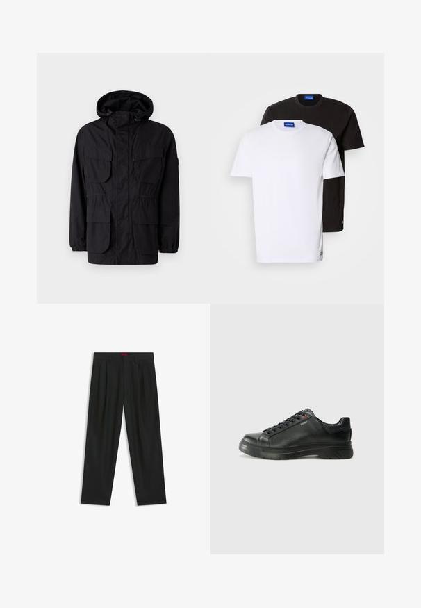Sort hættetrøje lavet af letvægtsstof, med fire frontlommer, elastiske manchetter og en indsnævret talje for justerbar pasform.; To T-shirts stablet: en hvid og en sort. Korte ærmer, runde halsudskæringer, stof af bomuld. Har et lille blåt logo ved halsudskæringen.; Sorte bukser med plisseret design, bred benform og en glat tekstur. Har et rødt taljetag.; Sorte lædersneakers med tekstureret overdel, polstret krave og rødt logo-detajle. Har en tyk gummisål med tydeligt mønster.