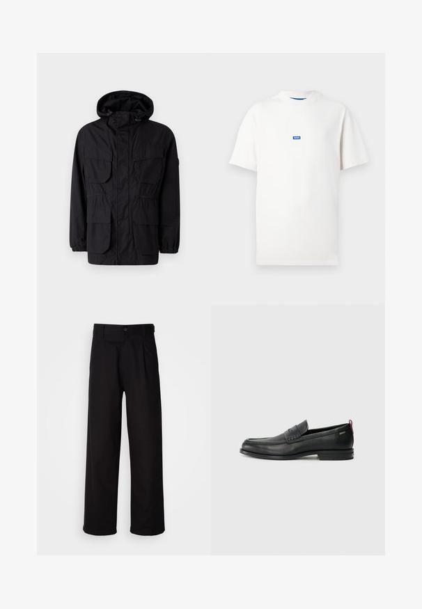 Must mustaga, mis on valmistatud kerge kangast, sisaldab nelja esikotti, elastseid mansette ja reguleeritavat vööd parema sobivuse tagamiseks.; Valge lühikeste varrukatega T-särk, mille keskel on sinine väikese ristkülikukujuline logo, millel on kiri "HUGO", ükslainer taust.; Mustad püksid, mis on valmistatud siledast kangast, sirge jala disainiga, ees oleva voldiga ja ühekordse nööbiga vööl.; Mustad mustad nahast loafers tekstuuriga esipaneeli ja siledate külgedega. Omab peent kand ja tagumist silmust lihtsaks selga panemiseks. Klassikaline disain.