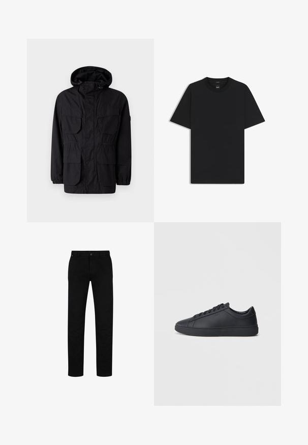 Musta huppari, joka on valmistettu kevyestä kankaasta. Siinä on neljä etutaskua, joustavat hihansuut ja nyöritettävä vyötärö, joka mahdollistaa säädettävän istuvuuden.; Musta lyhythiha T-paita, joka on valmistettu sileästä puuvillasekoitteesta. Paita on varustettu pyöreällä pääntiehen ja siinä on minimaalinen muotoilu ilman kuvioita tai yksityiskohtia.; Mustat puuvillahousut suorella leikkauksella, jossa on napitus, vyölenkit ja minimalistinen muotoilu. Silkkinen pinta, ilman kuvioita.; Mustat lenkkarit, jotka on valmistettu sileästä nahasta, matalalla varrella, pyöreällä varvalla ja tasaisella kumipohjalla. Varusteena nauhat ja huomaamaton brändäys.