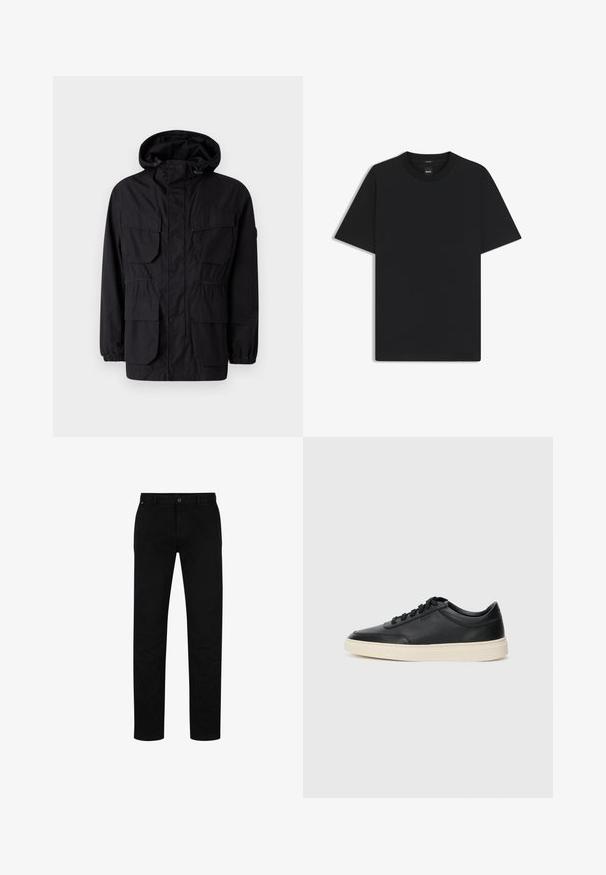 Black hooded jacket made of lightweight fabric, featuring four front pockets, elastic cuffs, and a cinched waist for adjustable fit.; Black short-sleeve T-shirt made from a smooth cotton blend, featuring a crew neckline and a minimalistic design with no patterns or accents.; Black cotton trousers with a straight fit, featuring a button closure, belt loops, and minimalistic design. Smooth texture, no patterns.; Black low-top leather sneaker with black laces and off-white sole shown in side profile on white background.