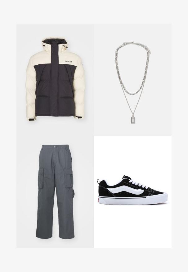 Vaheklassiga jakki, millel on koorevärvi ülakeha ja tumehall allosa, kõrge krae, reguleeritav kapuuts ja esi taskud. Logo rinnapiiril.; Must musta varrukatega T-särk, mis on valmistatud puuvillast, ümmarguse kaelusega ja sirge lõikega, väikese logodetailiga varrukal.; Tumed hallid cargo-püksid; sisaldavad mitmeid küljetaskuid, mugavat lõiget ja nööbiga kinnitust vöökoha juures.; Mustad nahast sneaksid valgete aktsentidega, madala ülaosa disainiga, paeluva sulgemise ja paksu valge kummist tallaga. Brändi logo kandadel.; Hõbedane kaelakee, millel on kaks kihilist ahelat; sisaldab neljakandilist ripatsit, millel on sile pind ja poleeritud metalli viimistlus.