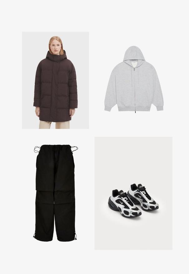 Brun pufferjakke med høj hals og hætte, der har en knaplukning og vandrette quiltede sektioner. Glat, mat tekstur.; YOURTURN OVERSIZE BASIC ZIP HOODIE UNISEX - Sweatjakke - mottled-grey; Sorte bukser lavet af letvægtsstof, med justerbar talje og snoretræk i bunden. Designet med en løs, oversized pasform og flere lommer.; Sorte og sølv atletiske sko med en overdel i mesh og syntetisk materiale, der har et karakteristisk bølget design og polstret krave, samt luftdæmpning i sålen.