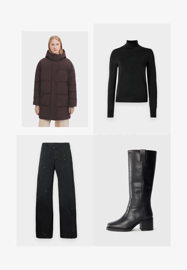 Brun pufferjakke med høj hals og hætte, der har en knaplukning og vandrette quiltede sektioner. Glat, mat tekstur.; Sort langærmet turtleneck sweater med ribbede manchetter og kant, vist på en simpel hvid baggrund.; MM6 Maison Margiela PANTS - Jeans Relaxed Fit - black; Sorte læderknæhøje støvler med en glat tekstur, firkantet tå, blokhæl og sideløkke, der har minimale syninger.